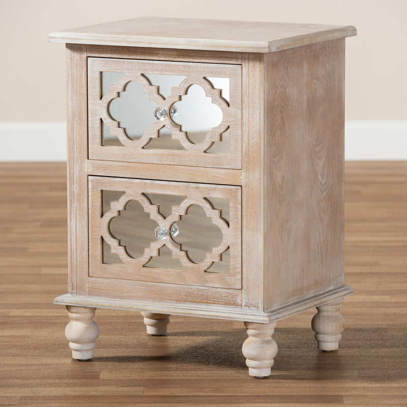 Celia End Table - Rustic French Country Design with White-Washed Wood and Mirror, 2 Drawers and Quatrefoil Accents