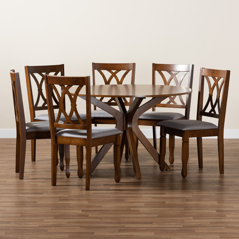 Maya Dining Set Modern Grey Fabric and Walnut Brown Finished Wood 7-Piece