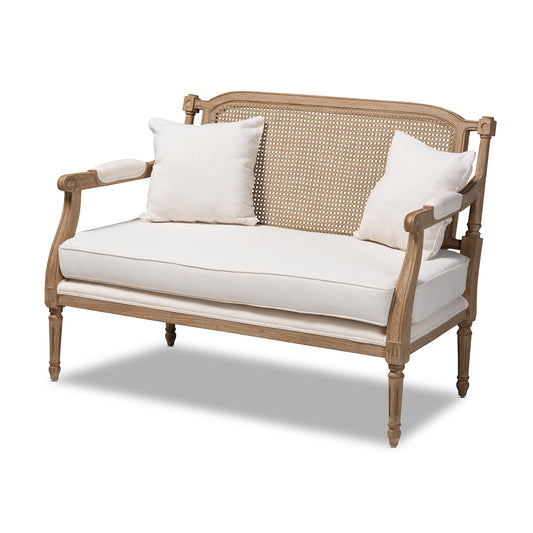 Clemence Loveseat French Provincial Ivory Fabric Upholstered with Whitewashed Wood Frame Elegant Vintage Design for Living Room or Bedroom