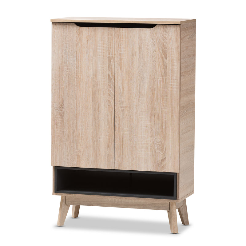 Fella Shoe Cabinet - Mid-Century Modern Two-Tone Oak and Grey Storage Solution for Entryway and Hallway Organization