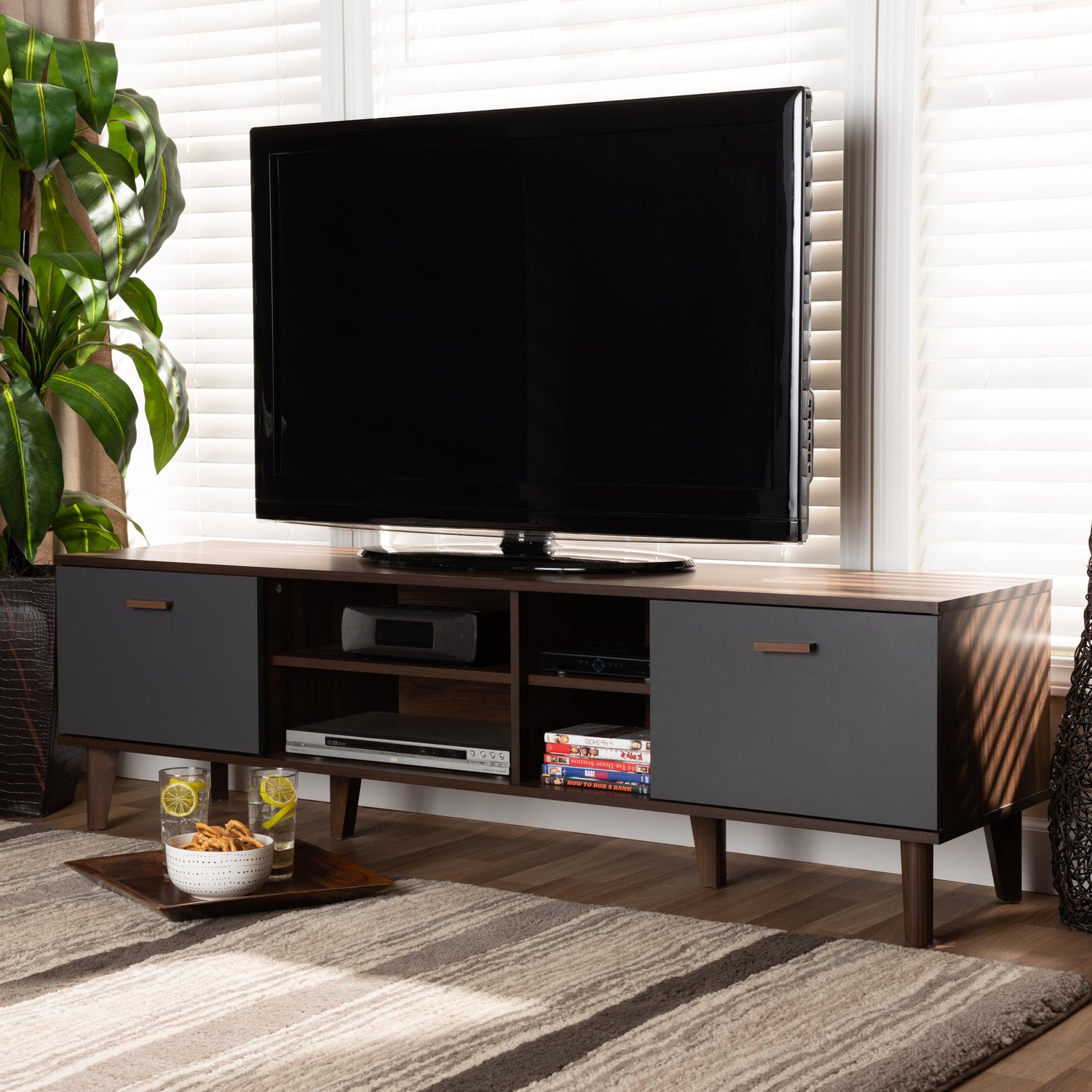 Moina TV Stand Mid-Century Modern Two-Tone Walnut Brown and Grey Wood Entertainment Center for Living Room