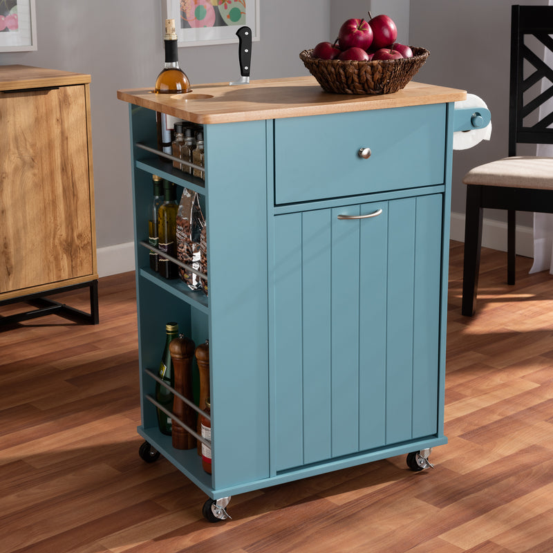 Liona Kitchen Storage Cart Modern Sky Blue Finished Wood with Ample Storage Space and Versatile Design for Your Home