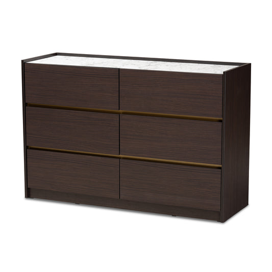 Walker Modern Contemporary 6-Drawer Dresser in Dark Brown and Gold with Faux Marble Top for Stylish Bedroom Storage