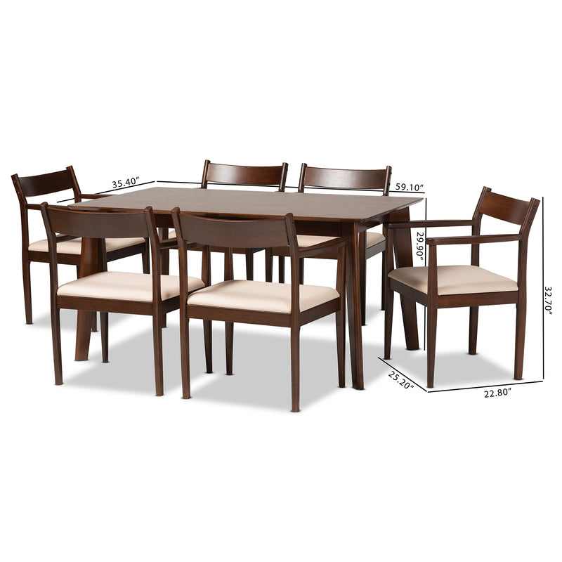 Coretta Dining Set - Mid-Century Modern 7-Piece Cream Fabric and Dark Brown Wood Furniture for Elegant Dining Rooms