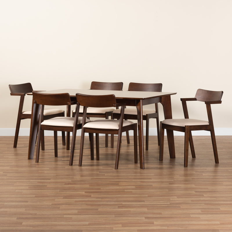 Berenice 7-Piece Dining Set: Mid-Century Modern Design with Cream Upholstery and Dark Brown Finished Wood