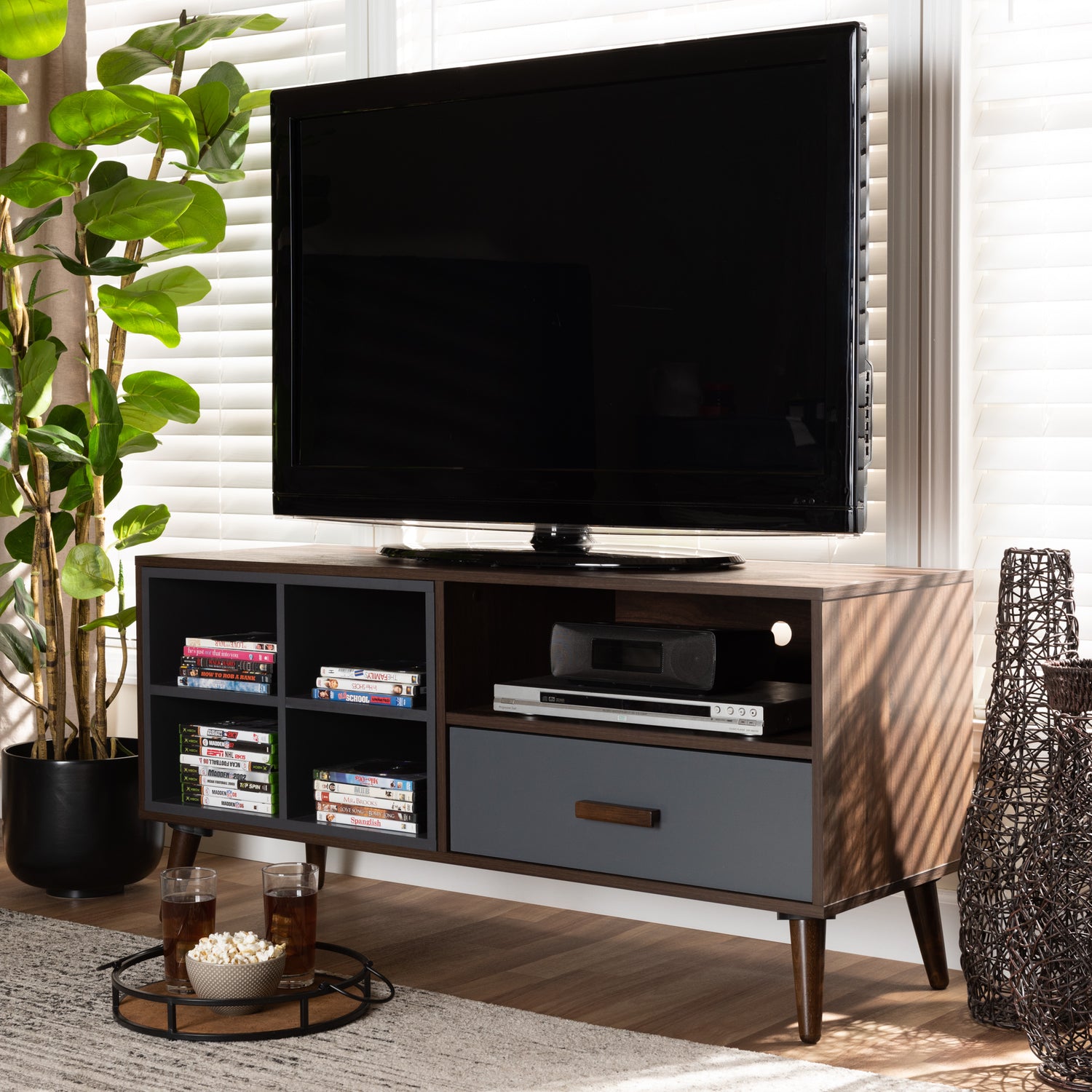 Garrick TV Stand Modern Contemporary Two-Tone Grey Walnut Brown Wood with 1 Drawer for Stylish Living Room Storage