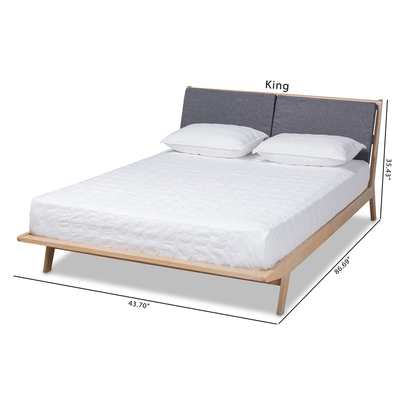 Emile Platform Bed - Modern and Contemporary Grey Fabric Upholstered with Natural Oak Finished Wood