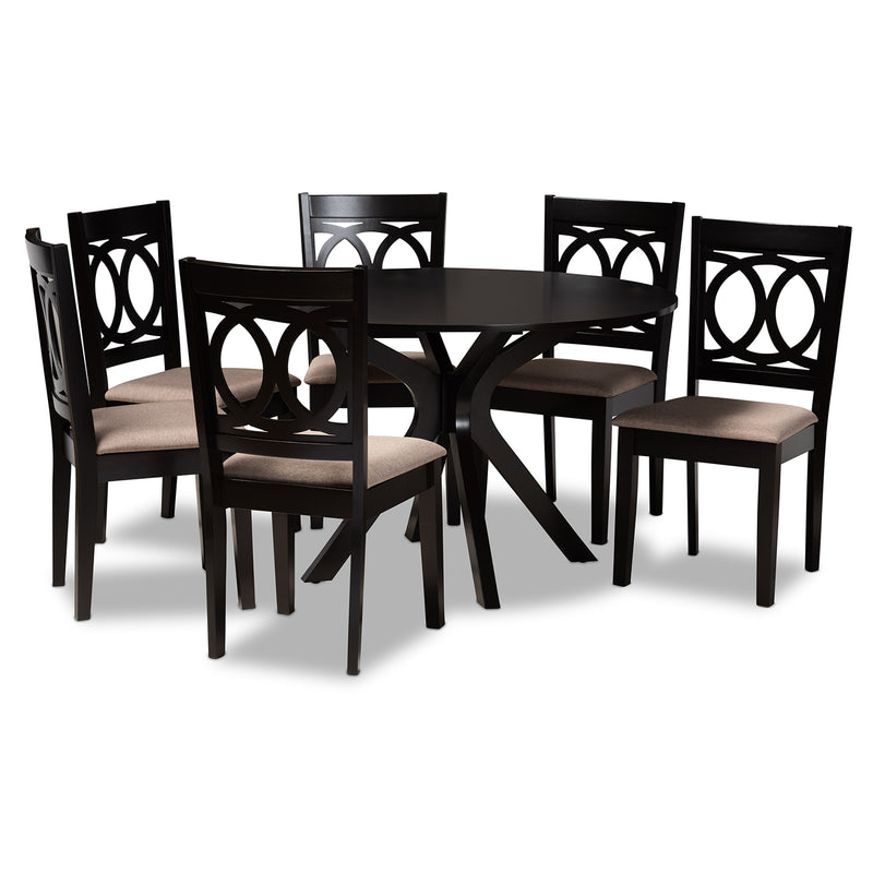 Sanne 7-Piece Dining Set Modern Sand Fabric Upholstered Chairs with Dark Brown Finished Wood Table