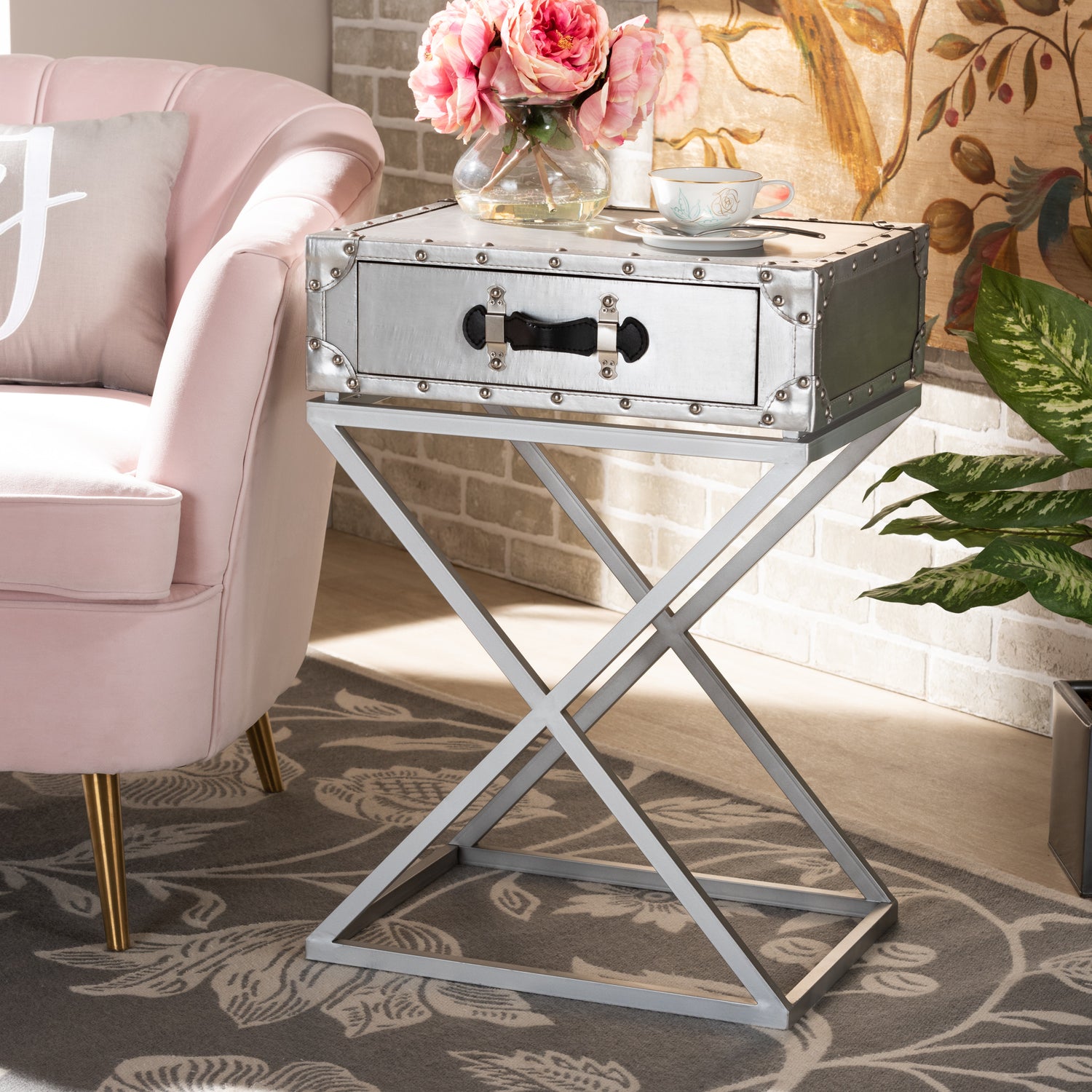 William Modern French Industrial Silver Metal End Table with Drawer for Stylish Living Room Storage