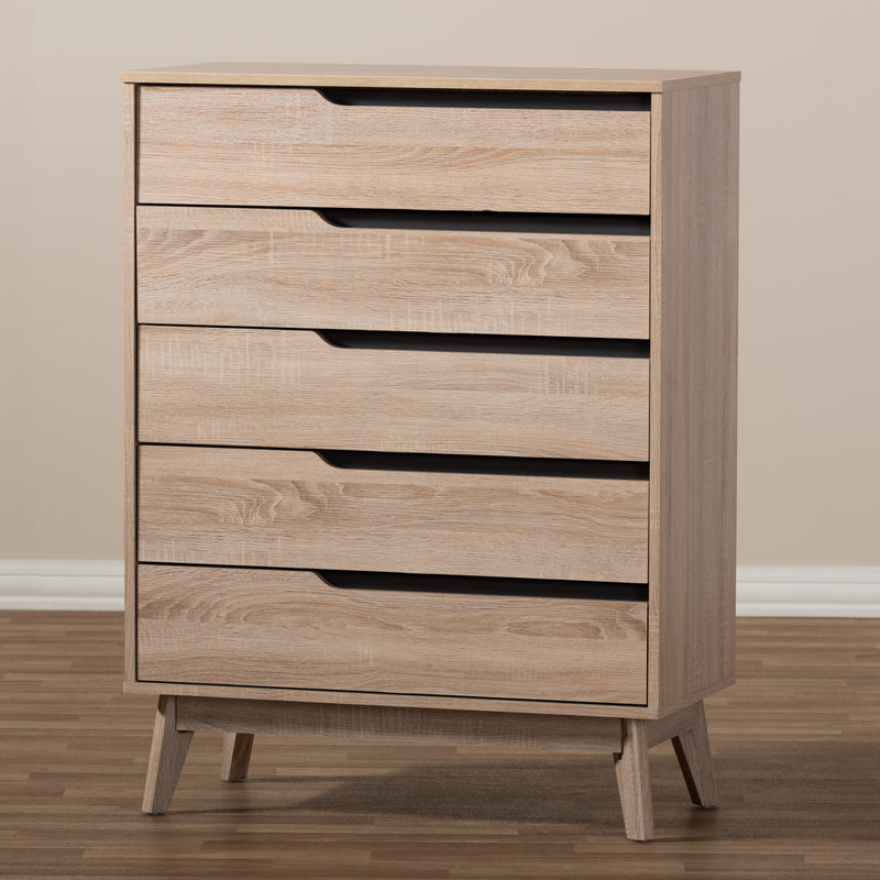 Fella Mid-Century Modern 5-Drawer Chest in Two-Tone Oak and Grey Finish for Stylish Bedroom Storage