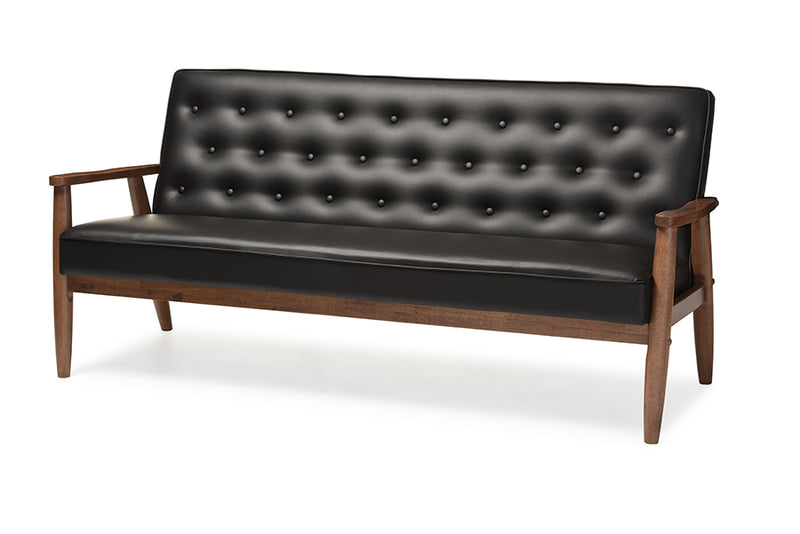 Sorrento Sofa Mid-century Retro Modern Black Faux Leather Upholstered Wooden 3-seater