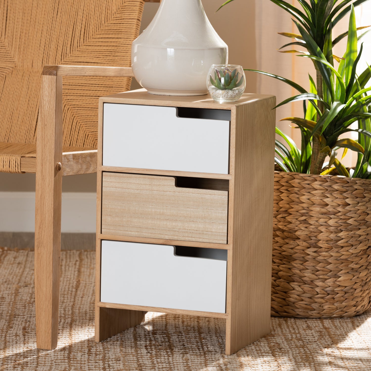 Eben Modern 3-Drawer Storage Cabinet in Two-Tone White and Oak Brown Finish, Stylish Wood Furniture for Home Organization and Decor