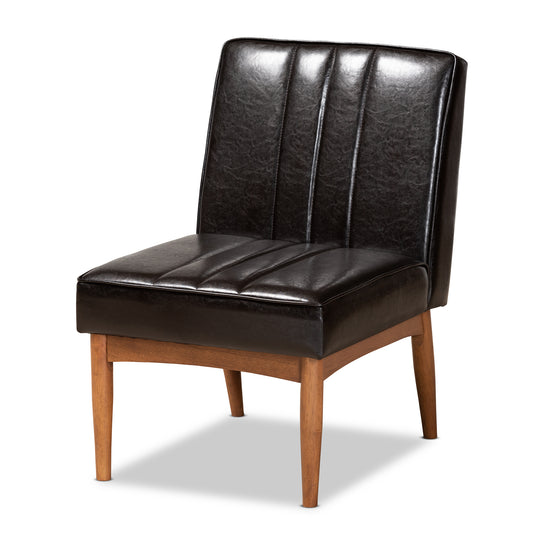 Daymond Dining Chair Mid-Century Modern Dark Brown Faux Leather Upholstered Walnut Brown Finished Wood