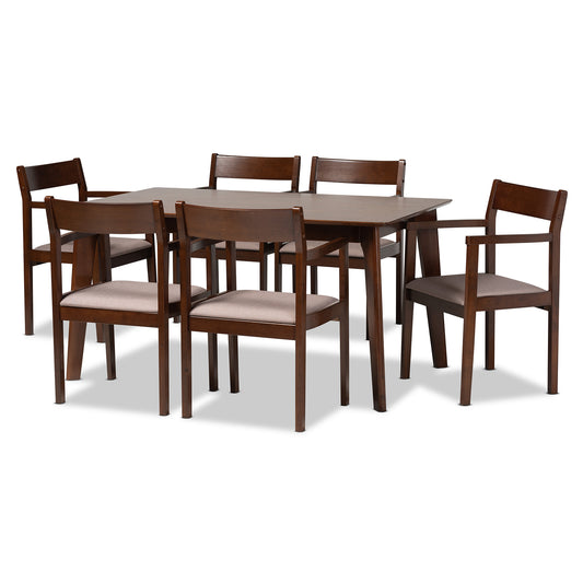 Helene Dining Set Mid-Century Modern 7-Piece Warm Grey Fabric and Dark Brown Finished Wood