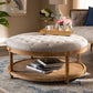 Ambroise Cocktail Ottoman French Provincial Beige Linen Upholstered White-Washed Oak Wood Button-Tufted Design with Convenient Shelf