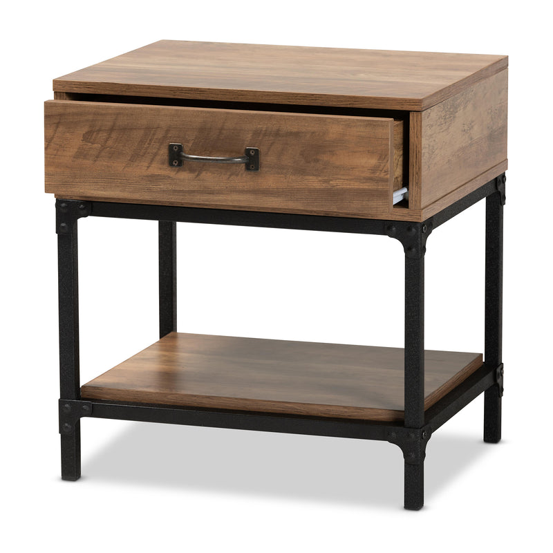 Norwood End Table Modern Industrial Design Walnut Brown Wood Black Metal 1 Drawer for Storage