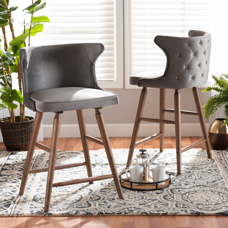 Sagira Counter Stool Set Modern Contemporary Grey Velvet Fabric Upholstered Walnut Brown Finished Wood 2-Piece