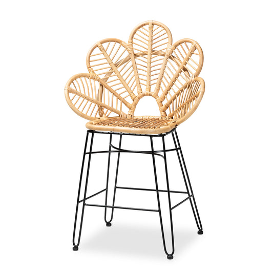 Garan Counter Stool Modern Bohemian Design in Natural Brown Rattan and Black Metal for Chic Seating