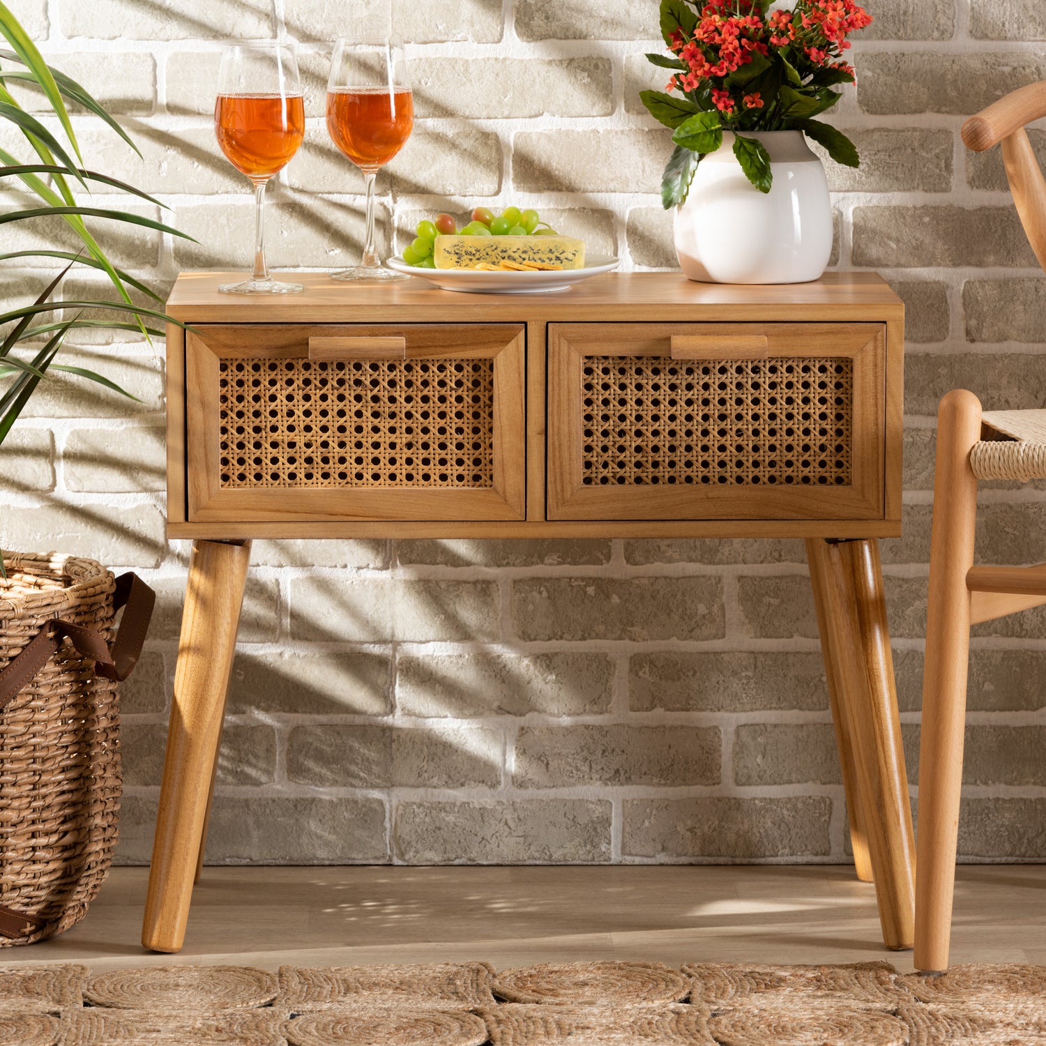 Falan Console Table Mid-Century Modern Oak Brown Wood with 2 Drawers and Rattan Accents