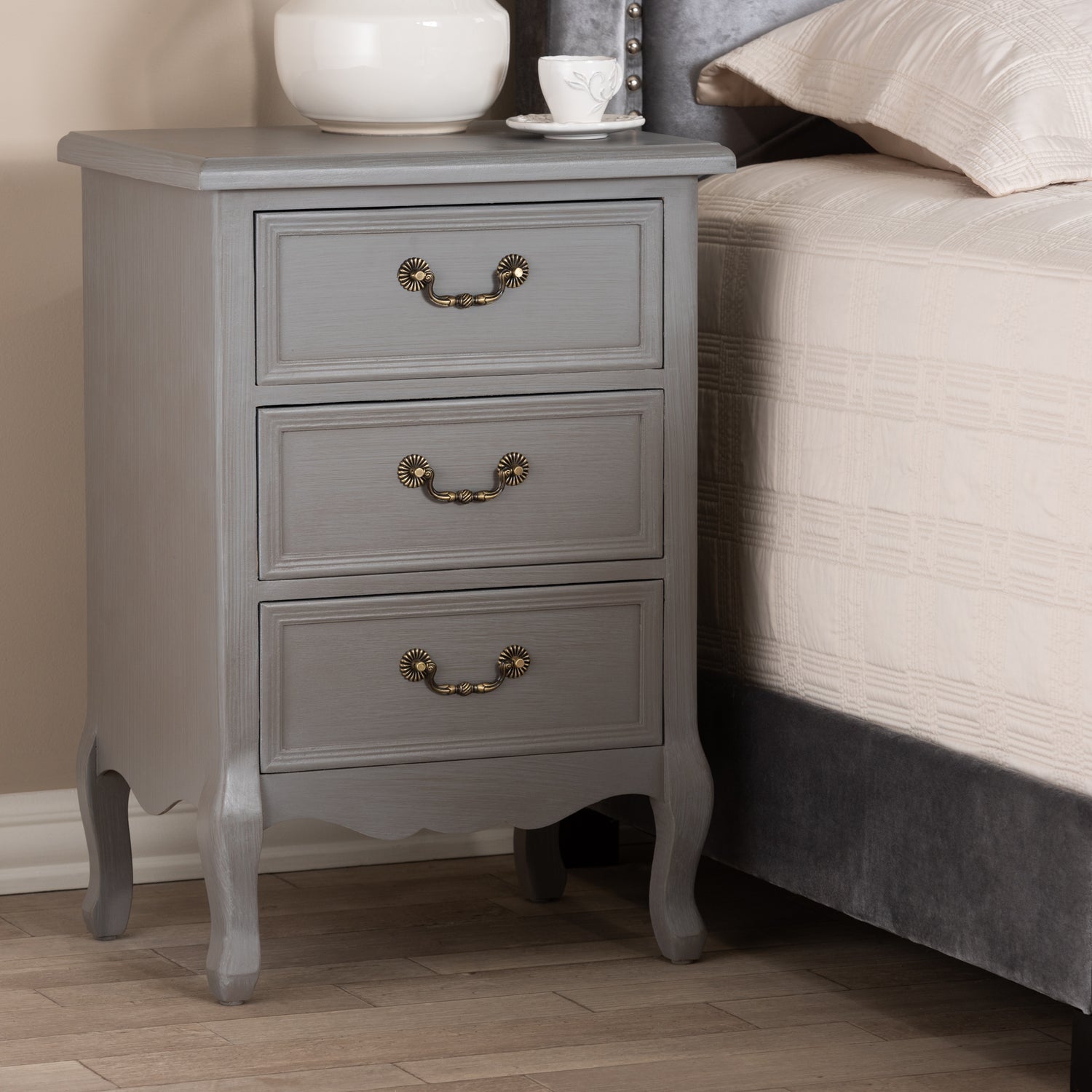 Capucine End Table Antique French Country Cottage Style Grey Finished Wood with 3 Storage Drawers