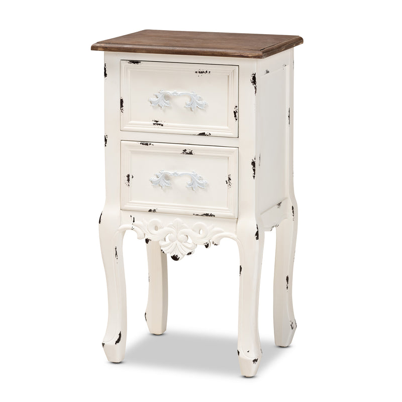 Levron End Table Classic Two-Tone Walnut Brown and Antique White Wood with 2 Drawers for Living Room or Bedroom Storage