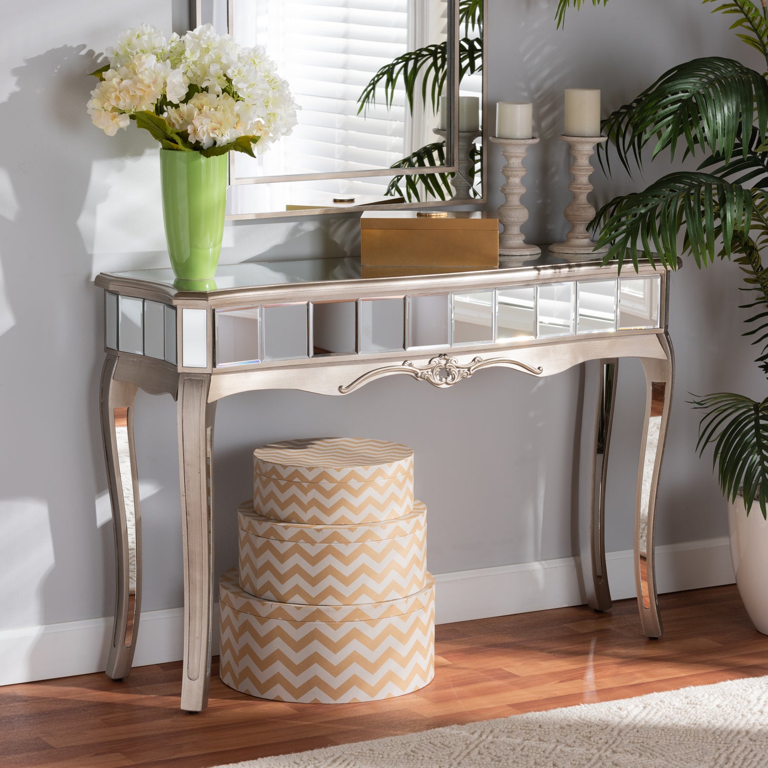 Elgin Console Table Contemporary Glam Luxe Design with Brushed Silver Finished Wood and Mirrored Glass Accents