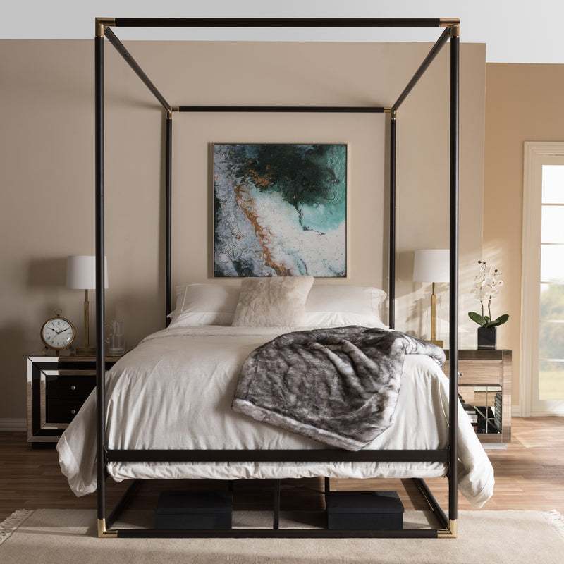 Eva Queen Bed Vintage Industrial Black Finished Metal Canopy Design for Stylish Bedrooms