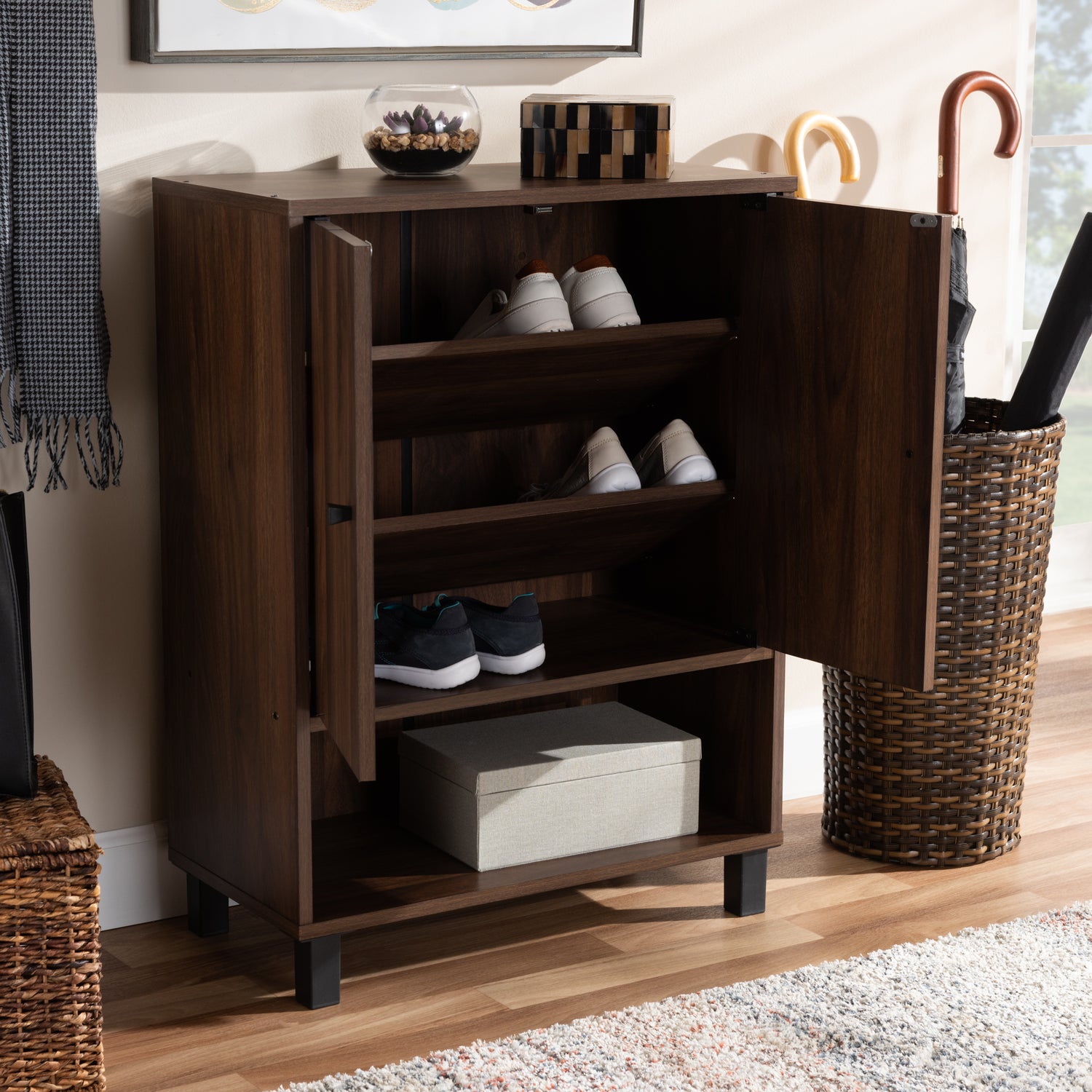 Rossin Shoe Storage Cabinet Modern and Contemporary Walnut Brown Finished 2-Door Wood Entryway