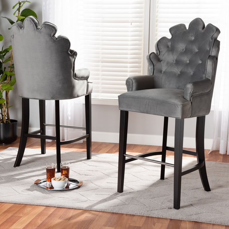 Chloe Bar Stool Set Modern and Contemporary Dark Grey Velvet Upholstered and Dark Brown Finished Wood 2-Piece