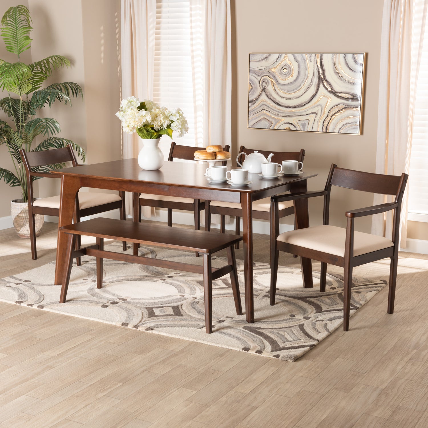 Coretta Dining Set - Mid-Century Modern 6-Piece Cream Fabric and Dark Brown Wood Furniture for Elegant Dining Rooms