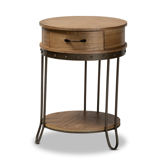 Kellyn End Table Vintage Rustic Industrial Design with Oak Brown Wood and Black Metal, Featuring 1 Storage Drawer