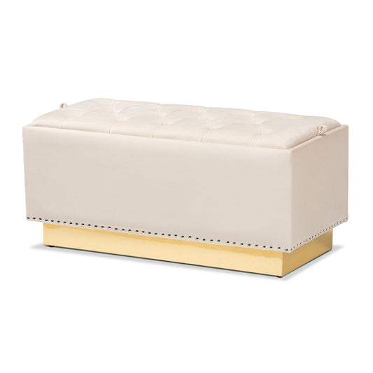 Powell Ottoman Glam and Luxe Beige Velvet Fabric Upholstered Gold PU Leather Storage