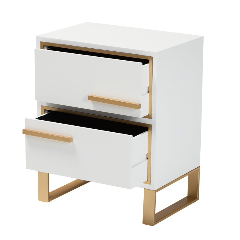 Giolla End Table Contemporary Glam and Luxe White Finished Wood and Gold Metal 2-Drawer