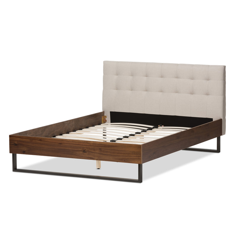 Mitchell Platform Bed - Rustic Industrial Walnut Wood with Beige Fabric and Dark Bronze Metal