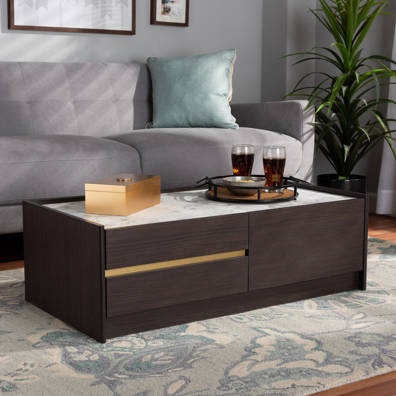 Walker Modern Coffee Table with Dark Brown and Gold Finished Wood and Faux Marble Top