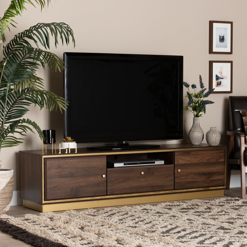 Cormac TV Stand Mid-Century Modern Transitional Dark Brown Finished Wood and Gold Metal 2-Door