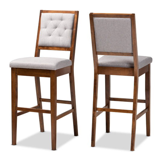 Gideon Bar Stool Set Modern and Contemporary Grey Fabric Upholstered Walnut Brown Finished Wood 2-Piece