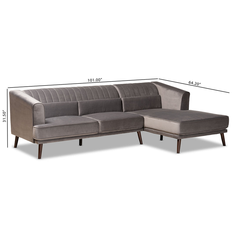 Morton Sectional Sofa Mid-Century Modern Contemporary Grey Velvet Fabric Upholstered Dark Brown Finished Wood with Right Facing Chaise