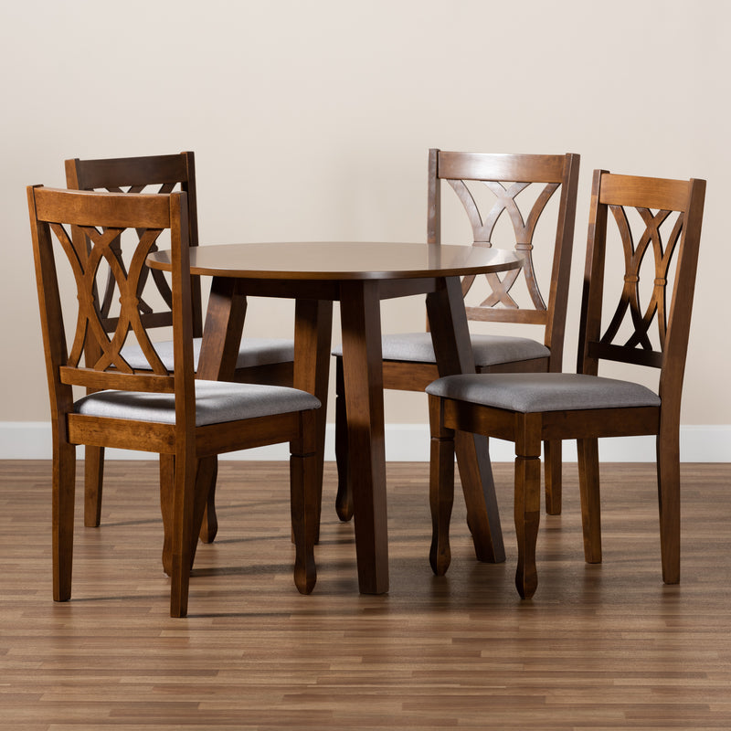 Leon Dining Set: Modern 5-Piece Grey Fabric Upholstered Dining Table with Walnut Brown Finished Wood Chairs