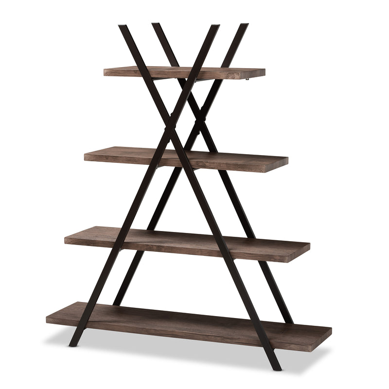 Fiera Industrial 4-Tier Display Shelf Rustic Walnut Wood and Black Metal Living Room Furniture for Stylish Home Decor