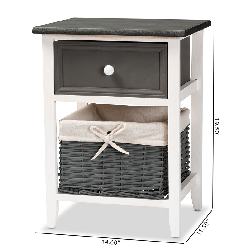 Shadell Storage Unit Modern Two-Tone Dark Grey and White Wood with 1 Drawer and Basket for Organized Living