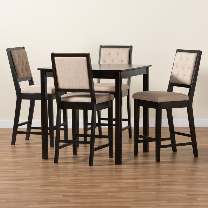 Gideon 5-Piece Pub Set Modern Sand Fabric Upholstered Seating with Dark Brown Finished Wood Table and Chairs