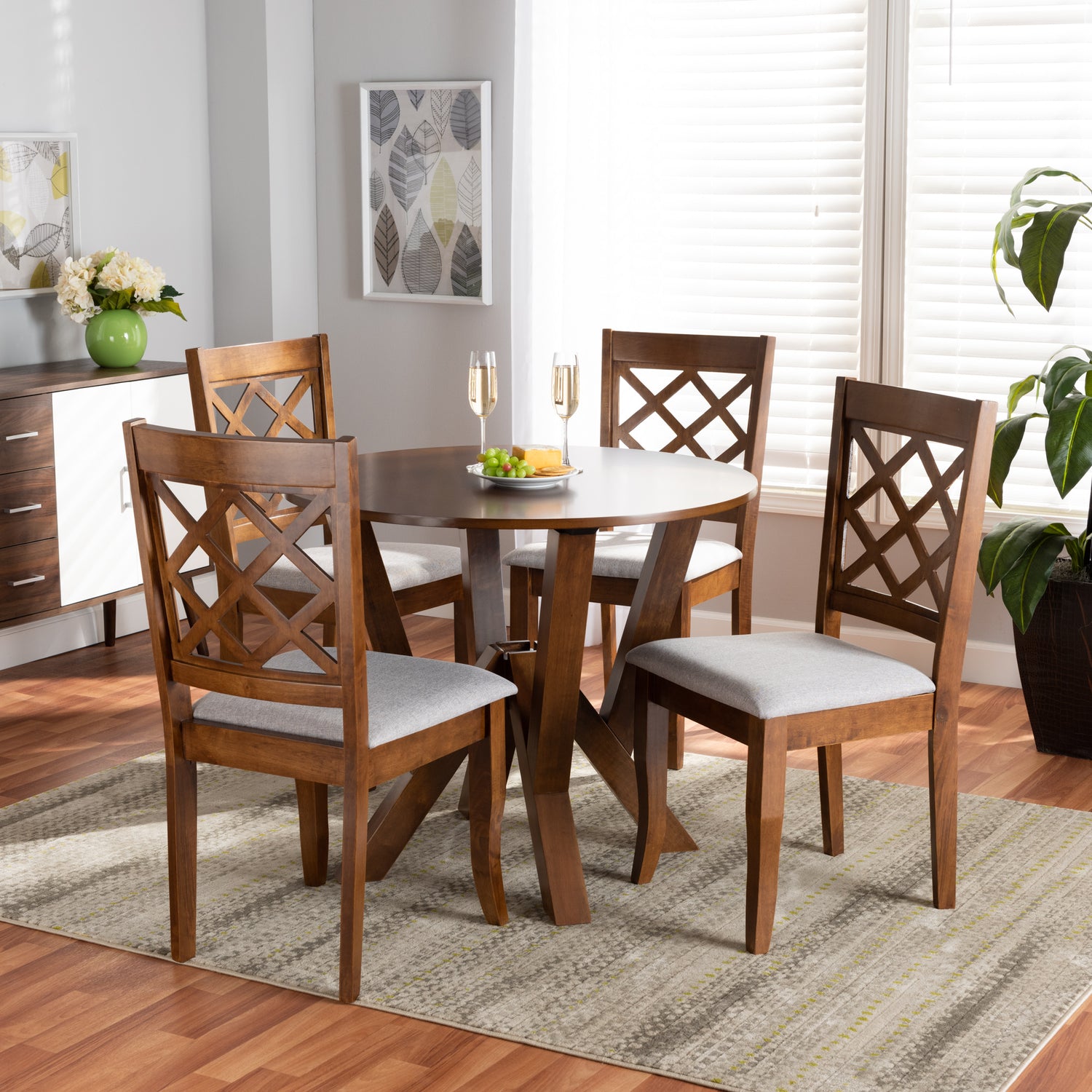 Zoe 5-Piece Dining Set Modern Grey Fabric Upholstered Chairs with Walnut Brown Finished Wood Table