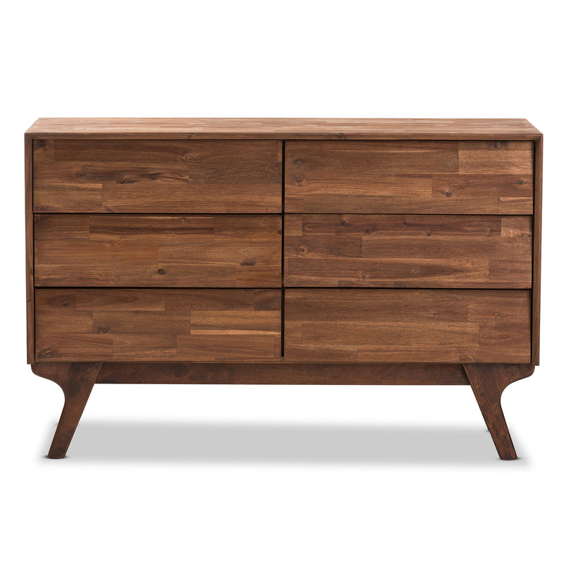 Sierra Mid-Century Modern Dresser Brown Wood 6-Drawer Storage Solution for Stylish Bedrooms