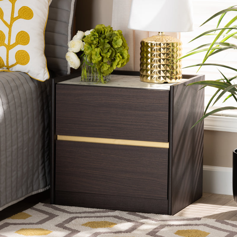 Walker Modern Contemporary Nightstand Dark Brown Gold Finished Wood Faux Marble Top Stylish Bedroom Storage