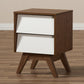 Hildon Mid-Century Modern Nightstand with 2 Drawers in White and Walnut for Stylish Bedroom Storage