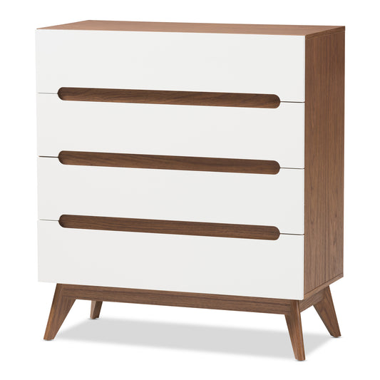 Calypso Mid-Century Modern 4-Drawer Storage Chest in White and Walnut for Stylish Organization and Home Décor