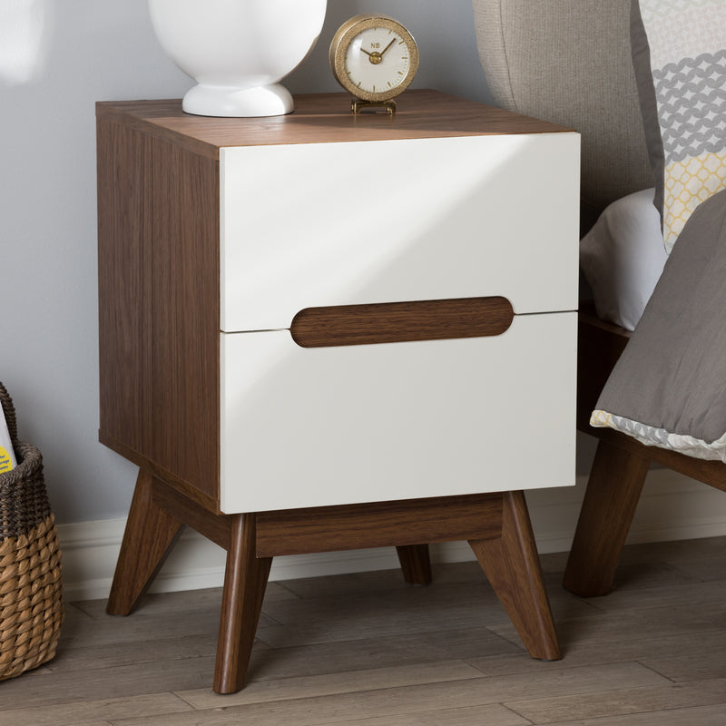 Calypso Mid-Century Modern Nightstand with 3 Drawers in White and Walnut for Stylish Bedroom Storage