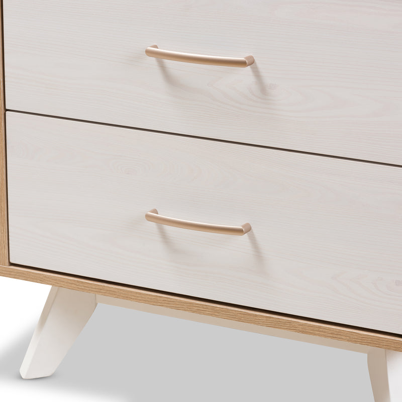 Helena Nightstand Mid-Century Modern Natural Oak and Whitewashed Wood 2-Drawer Design for Stylish Bedroom Storage