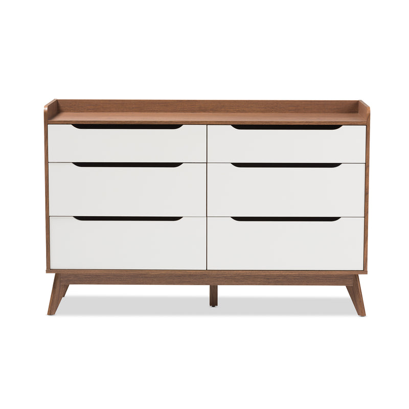 Brighton Dresser Mid-Century Modern 6-Drawer Storage in White and Walnut Wood, Stylish Bedroom Furniture for Organized Spaces